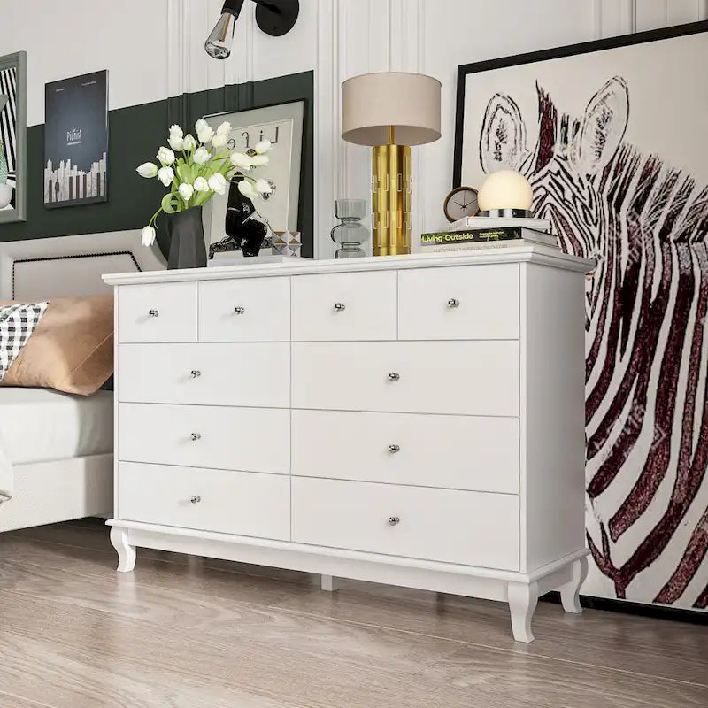 Commode double de chambre à coucher à 10 tiroirs, blanche, avec grand espace de rangement
