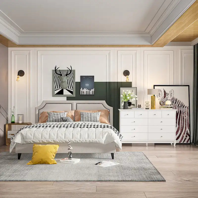 Commode double de chambre à coucher à 10 tiroirs, blanche, avec grand espace de rangement