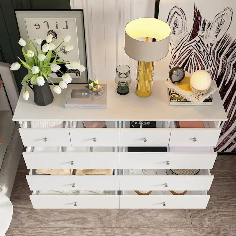 Commode double de chambre à coucher à 10 tiroirs, blanche, avec grand espace de rangement