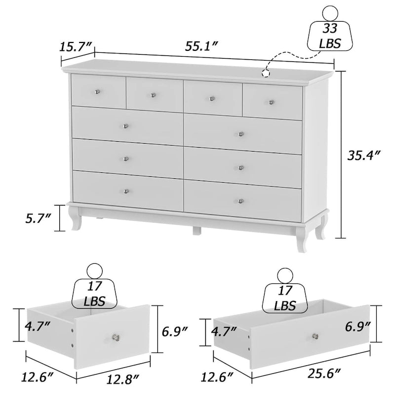 Commode double de chambre à coucher à 10 tiroirs, blanche, avec grand espace de rangement