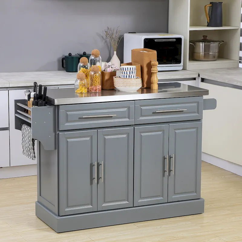 Îlot de cuisine à roulettes avec rangement, desserte de cuisine portable avec plateau en acier inoxydable, grise