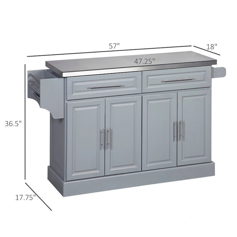 Îlot de cuisine à roulettes avec rangement, desserte de cuisine portable avec plateau en acier inoxydable, grise