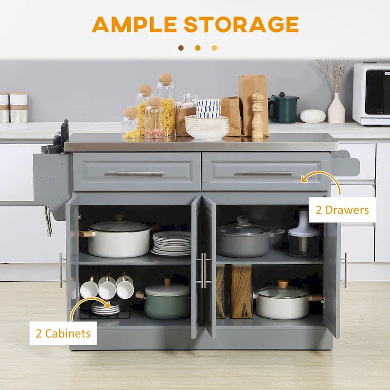 Îlot de cuisine à roulettes avec rangement, desserte de cuisine portable avec plateau en acier inoxydable, grise