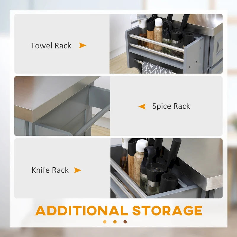 Isla de cocina con ruedas y almacenamiento, carrito de cocina portátil con superficie de acero inoxidable, gris