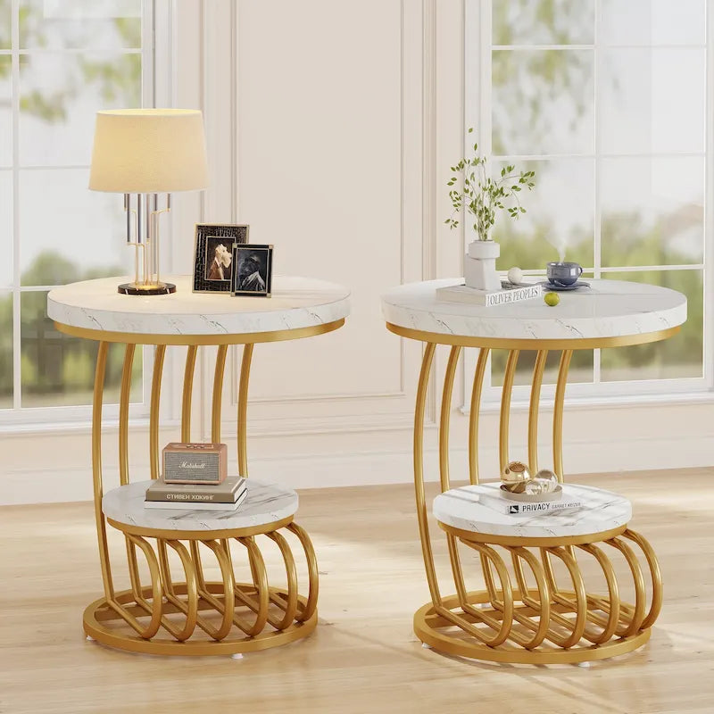 Table d’appoint ronde à 2 niveaux pour le salon ou la chambre