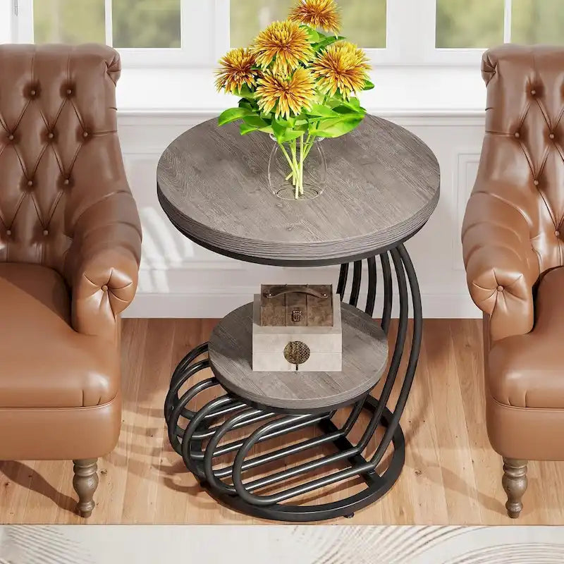 Table d’appoint ronde à 2 niveaux pour le salon ou la chambre