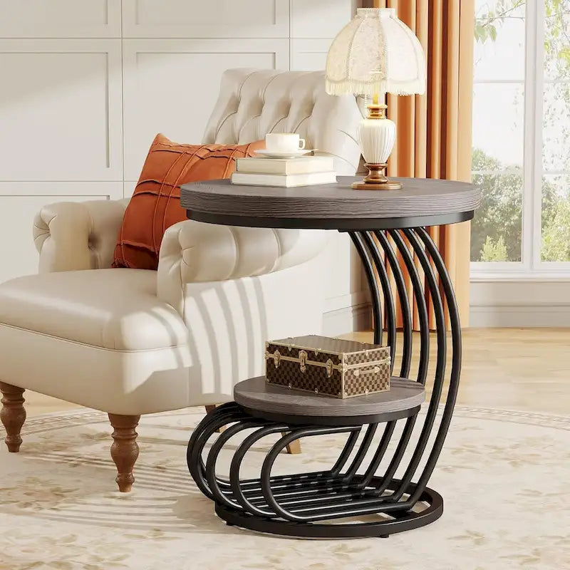 Table d’appoint ronde à 2 niveaux pour le salon ou la chambre