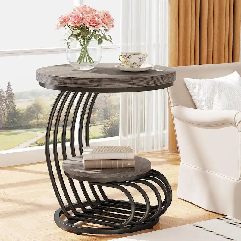 Table d’appoint ronde à 2 niveaux pour le salon ou la chambre