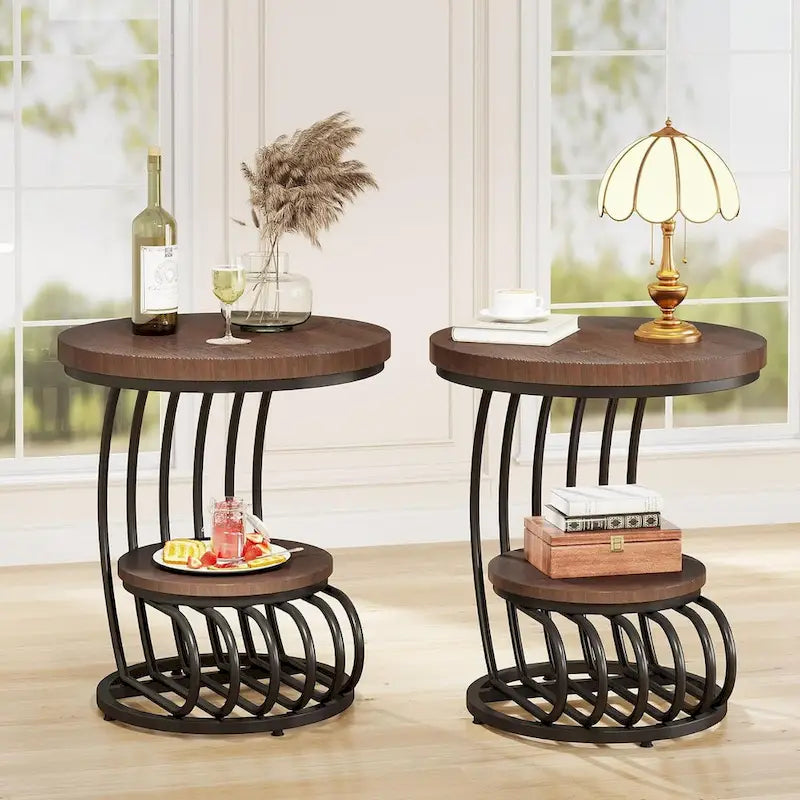Table d’appoint ronde à 2 niveaux pour le salon ou la chambre