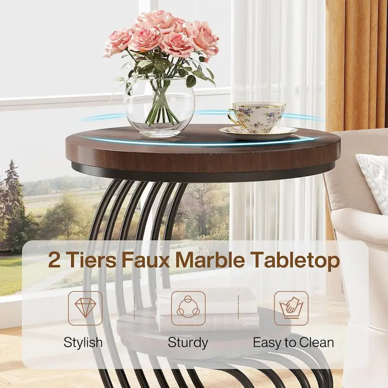 Table d’appoint ronde à 2 niveaux pour le salon ou la chambre