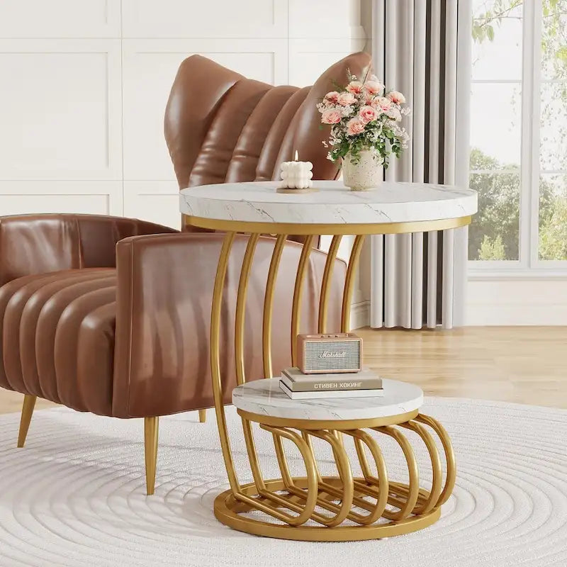 Table d’appoint ronde à 2 niveaux pour le salon ou la chambre
