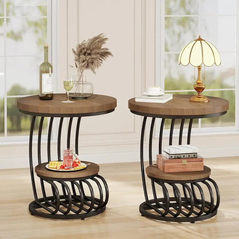 Table d’appoint ronde à 2 niveaux pour le salon ou la chambre