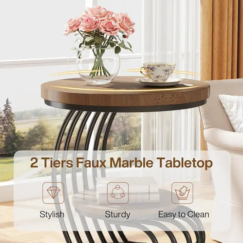 Table d’appoint ronde à 2 niveaux pour le salon ou la chambre