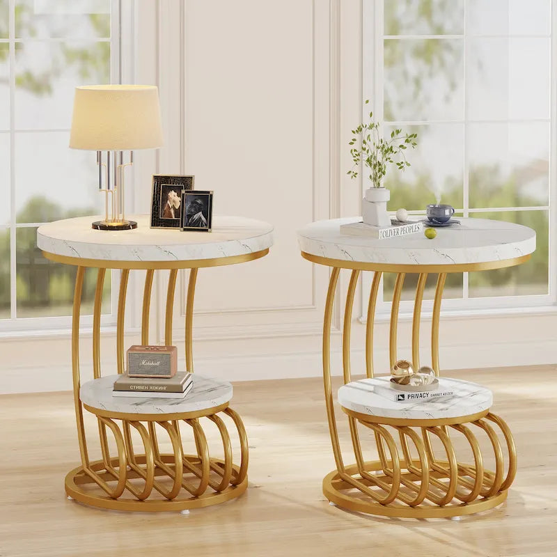 Table d’appoint ronde à 2 niveaux pour le salon ou la chambre