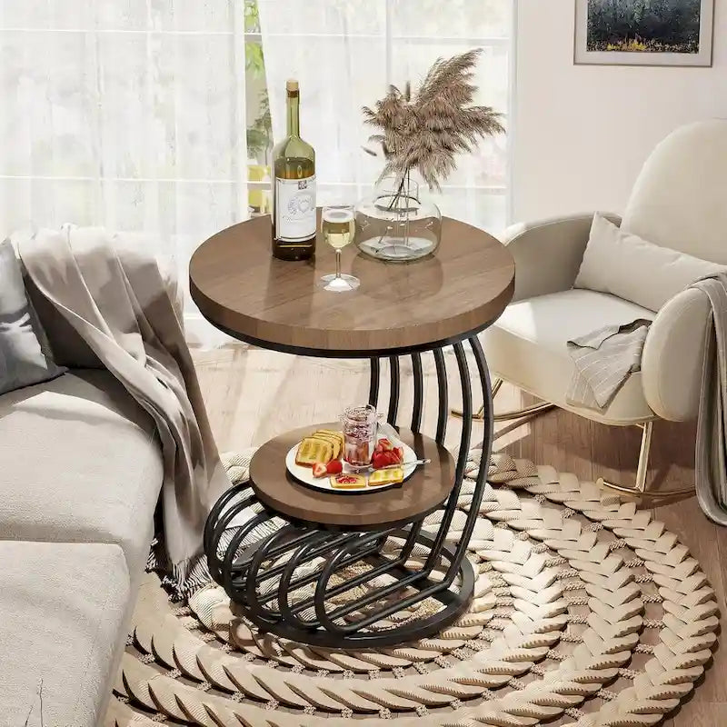 Table d’appoint ronde à 2 niveaux pour le salon ou la chambre