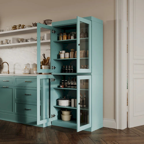 Garde-manger en bois massif à 100 % avec portes en verre dépoli, en verre transparent ou pleines et étagères réglables