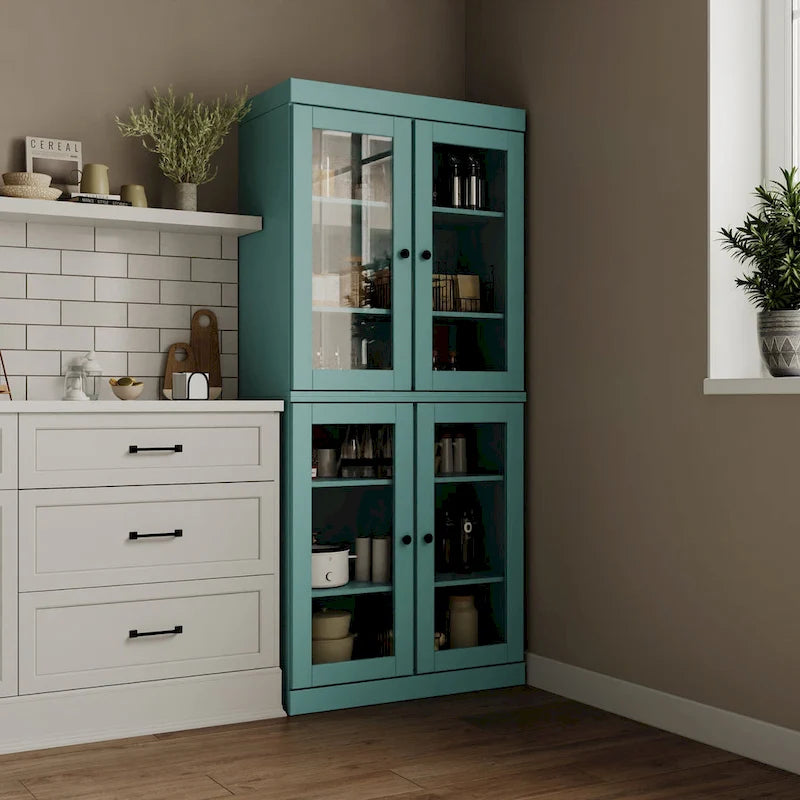 Garde-manger en bois massif à 100 % avec portes en verre dépoli, en verre transparent ou pleines et étagères réglables