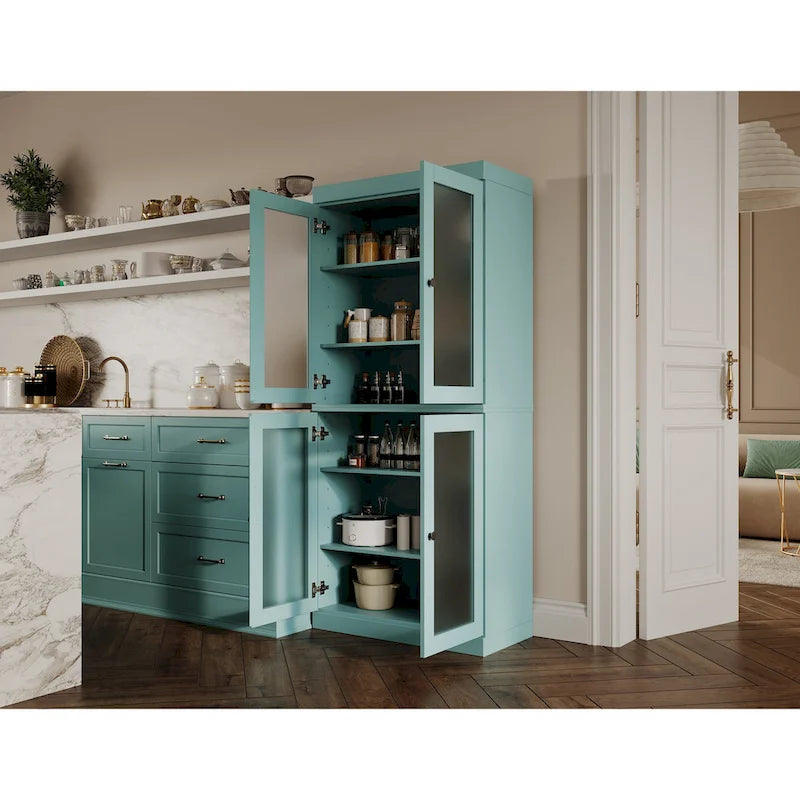 Garde-manger en bois massif à 100 % avec portes en verre dépoli, en verre transparent ou pleines et étagères réglables