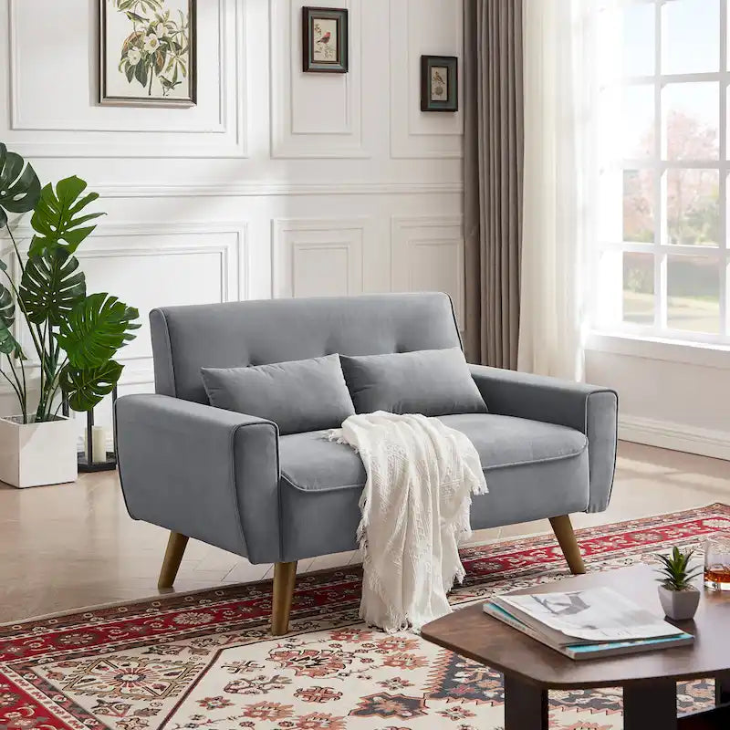 Kleines getuftetes Zweisitzersofa, 48.82 Zoll, mit 2 Kissen und konischen Holzbeinen