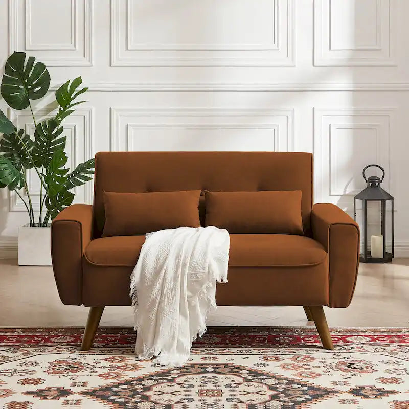 Kleines getuftetes Zweisitzersofa, 48.82 Zoll, mit 2 Kissen und konischen Holzbeinen