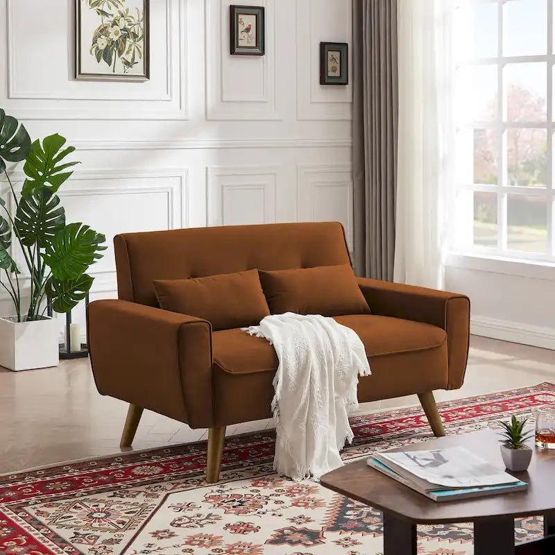 Kleines getuftetes Zweisitzersofa, 48.82 Zoll, mit 2 Kissen und konischen Holzbeinen