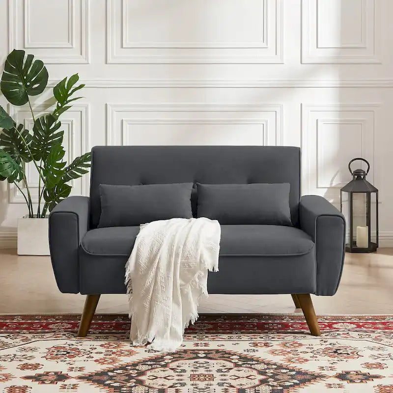 Kleines getuftetes Zweisitzersofa, 48.82 Zoll, mit 2 Kissen und konischen Holzbeinen