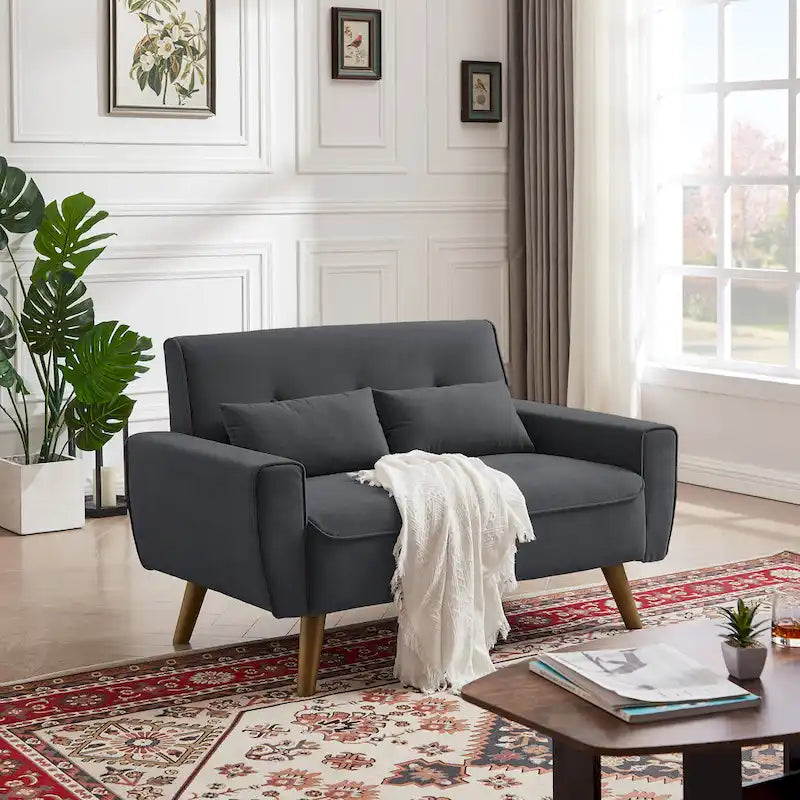 Kleines getuftetes Zweisitzersofa, 48.82 Zoll, mit 2 Kissen und konischen Holzbeinen