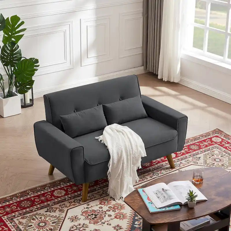 Kleines getuftetes Zweisitzersofa, 48.82 Zoll, mit 2 Kissen und konischen Holzbeinen