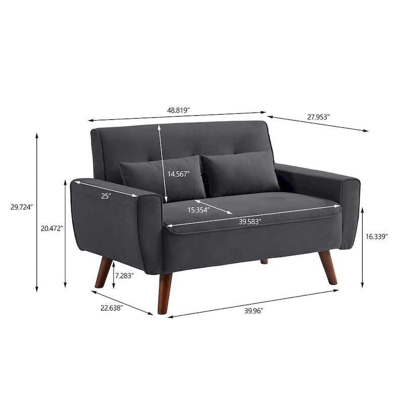 Kleines getuftetes Zweisitzersofa, 48.82 Zoll, mit 2 Kissen und konischen Holzbeinen