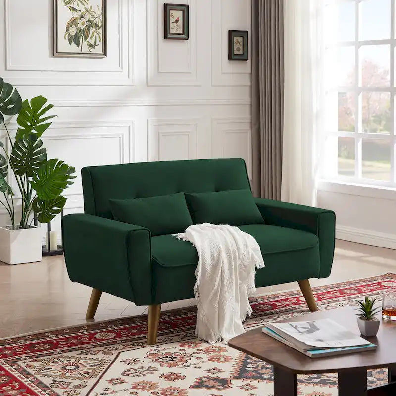 Kleines getuftetes Zweisitzersofa, 48.82 Zoll, mit 2 Kissen und konischen Holzbeinen