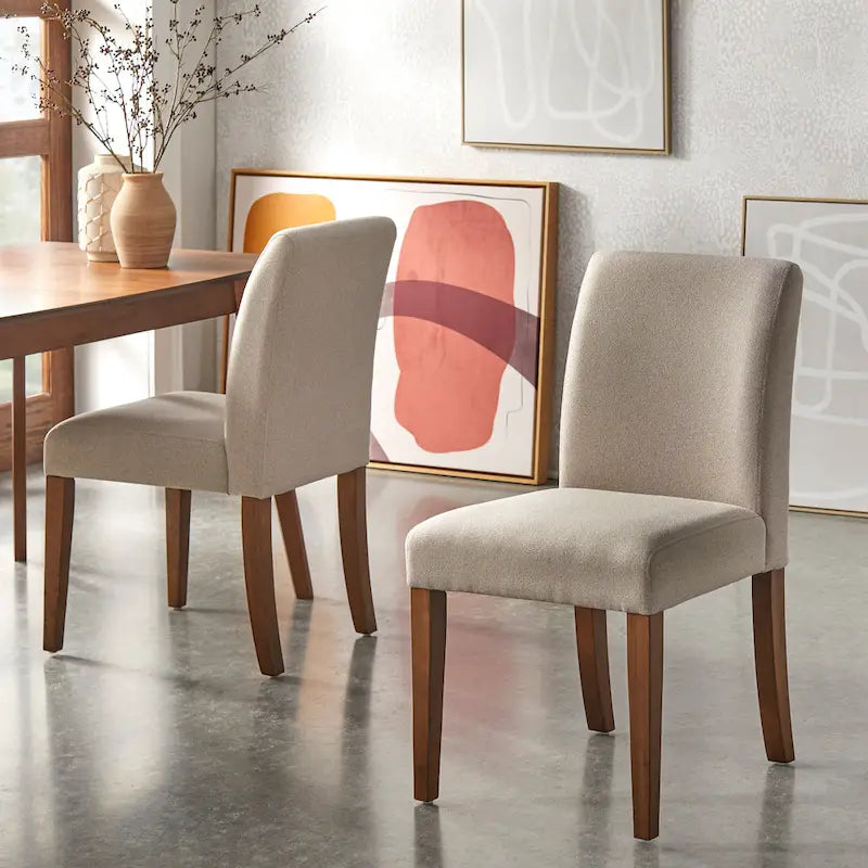 Chaises de salle à manger rembourrées en tissu rose avec pieds en bois, lot de 2