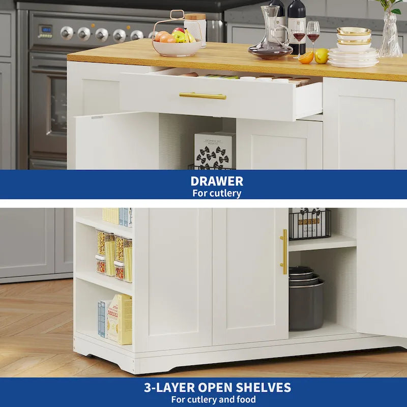 Îlot de cuisine roulant de 53 pouces avec placard de rangement, chariot de cuisine portable et mobile