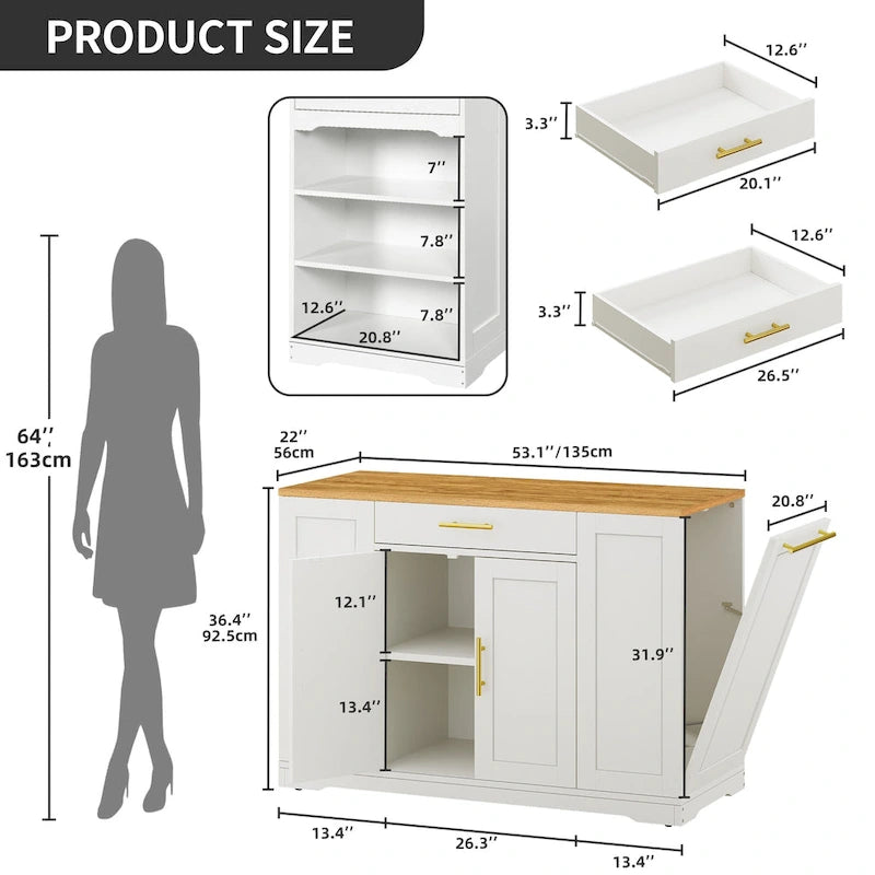 Îlot de cuisine roulant de 53 pouces avec placard de rangement, chariot de cuisine portable et mobile