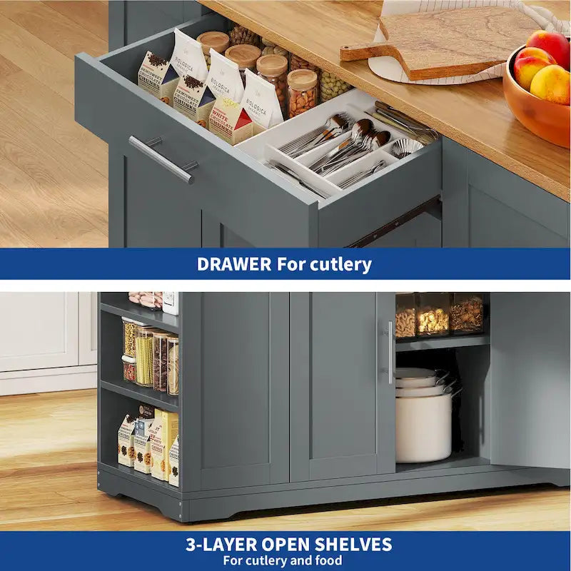 Îlot de cuisine roulant de 53 pouces avec placard de rangement, chariot de cuisine portable et mobile
