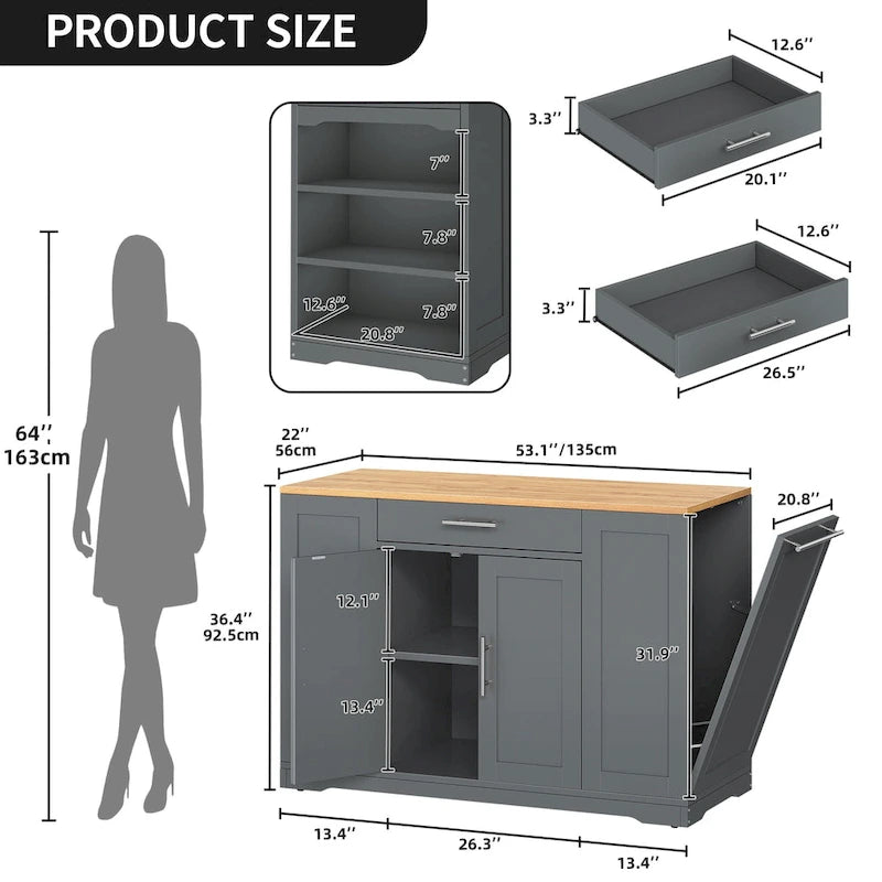Îlot de cuisine roulant de 53 pouces avec placard de rangement, chariot de cuisine portable et mobile