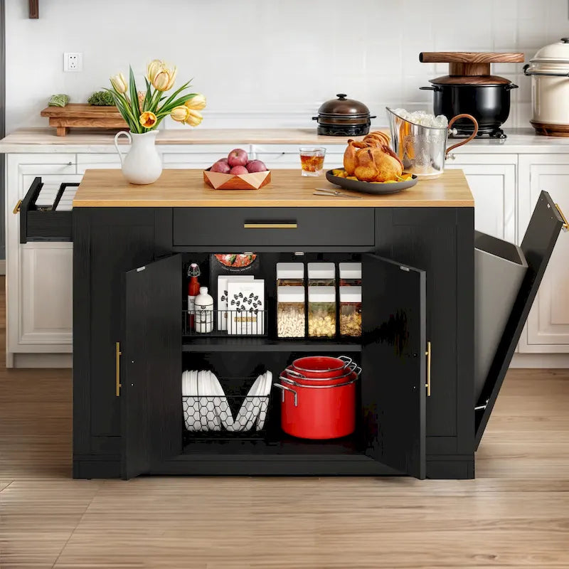 Îlot de cuisine roulant de 53 pouces avec placard de rangement, chariot de cuisine portable et mobile