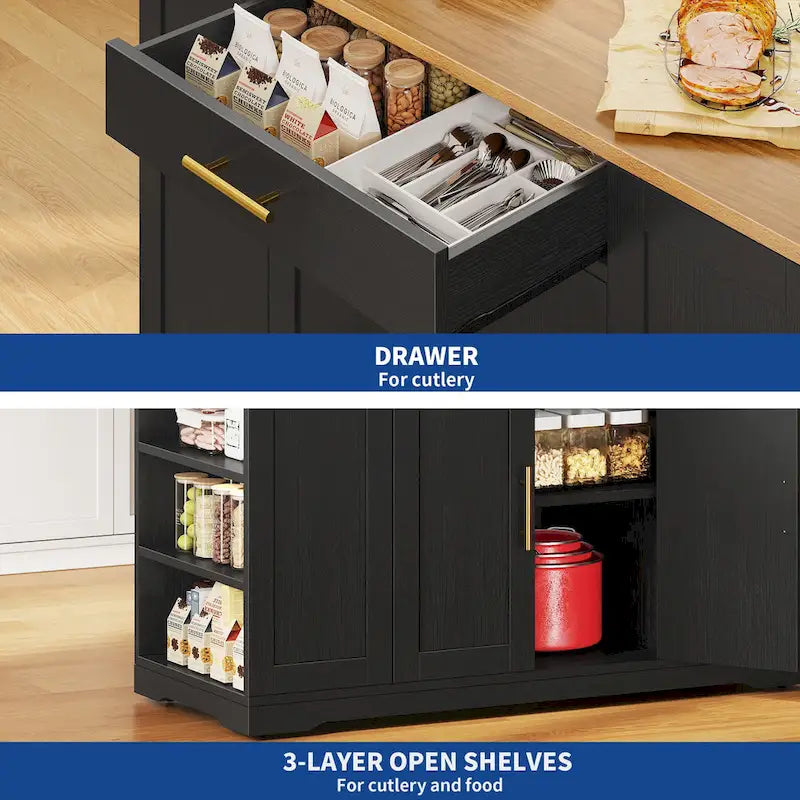 Îlot de cuisine roulant de 53 pouces avec placard de rangement, chariot de cuisine portable et mobile