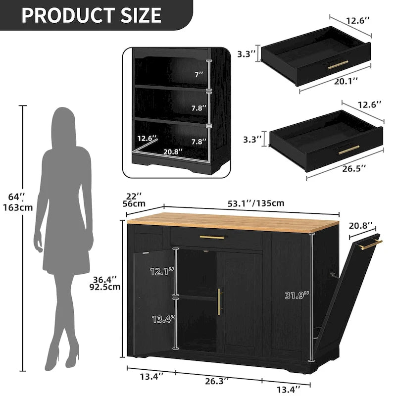 Îlot de cuisine roulant de 53 pouces avec placard de rangement, chariot de cuisine portable et mobile