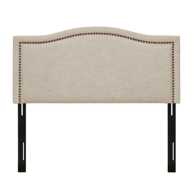 Tête de lit en tissu beige pour grand lit, tête de lit rembourrée incurvée avec clous décoratifs
