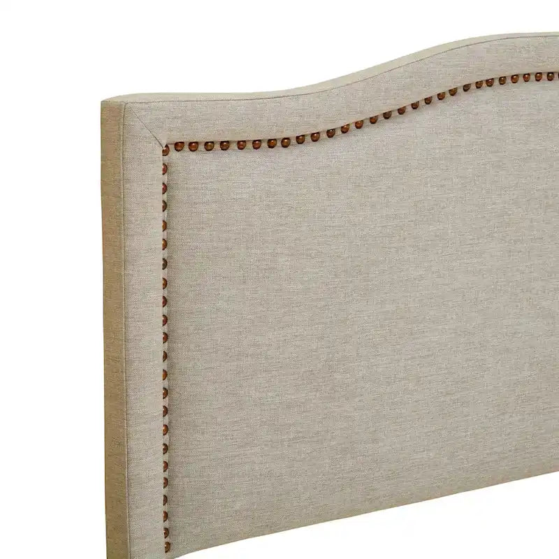 Tête de lit en tissu beige pour grand lit, tête de lit rembourrée incurvée avec clous décoratifs