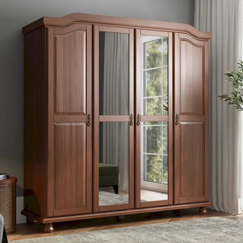 Armoire Kyle à 4 portes en bois massif à 100 %, avec portes en bois massif ou miroir