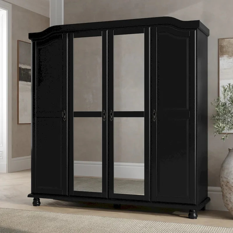 Armoire Kyle à 4 portes en bois massif à 100 %, avec portes en bois massif ou miroir