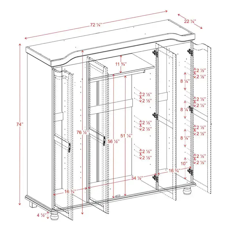 Armoire Kyle à 4 portes en bois massif à 100 %, avec portes en bois massif ou miroir