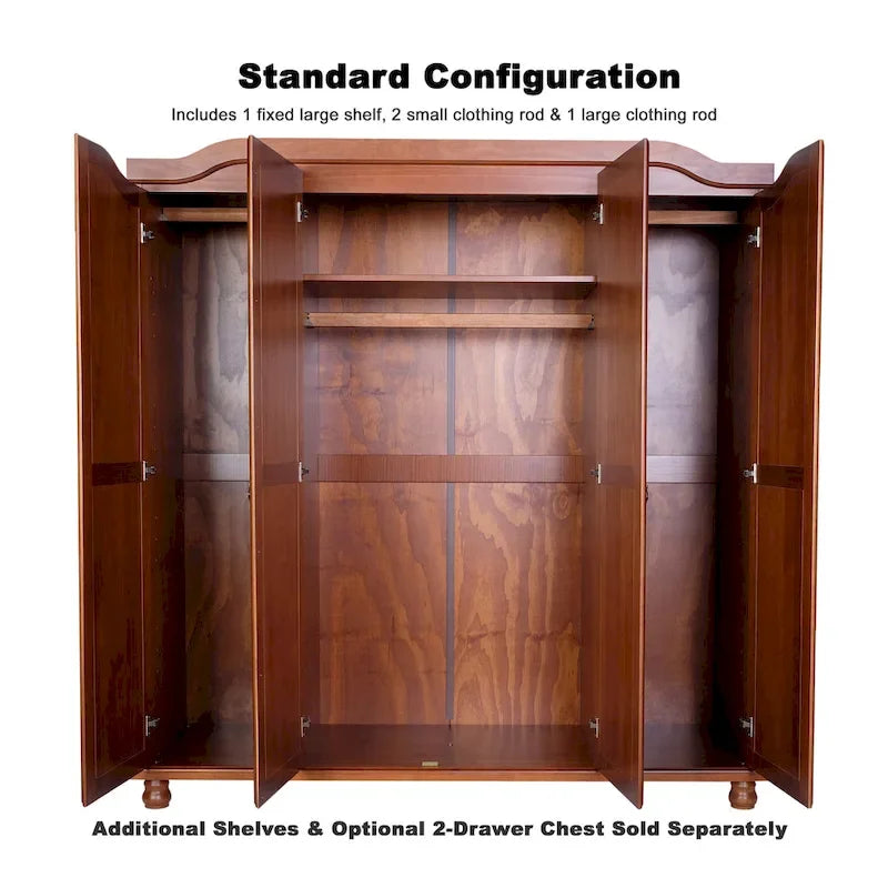 Armoire Kyle à 4 portes en bois massif à 100 %, avec portes en bois massif ou miroir