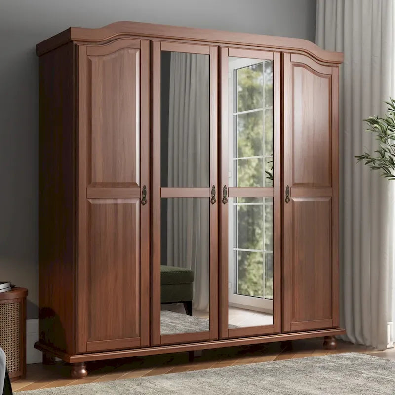 Armoire Kyle à 4 portes en bois massif à 100 %, avec portes en bois massif ou miroir