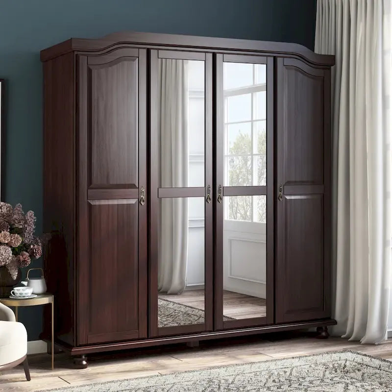 Armoire Kyle à 4 portes en bois massif à 100 %, avec portes en bois massif ou miroir