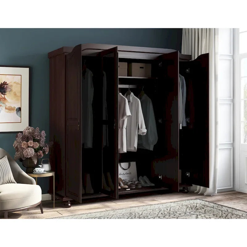 Armoire Kyle à 4 portes en bois massif à 100 %, avec portes en bois massif ou miroir