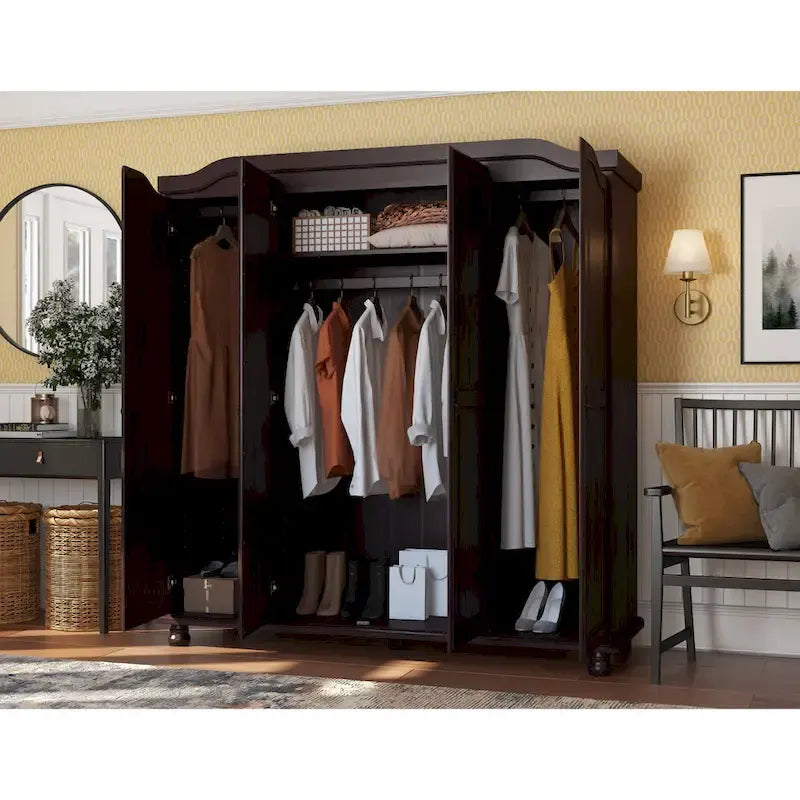 Armoire Kyle à 4 portes en bois massif à 100 %, avec portes en bois massif ou miroir