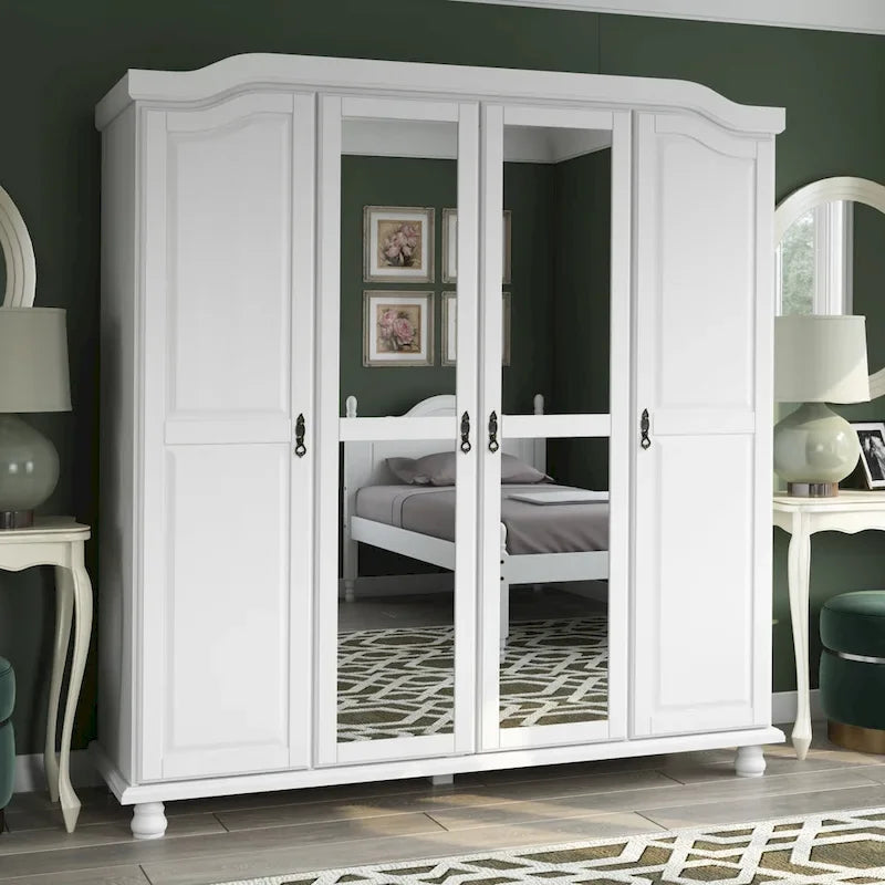 Armoire Kyle à 4 portes en bois massif à 100 %, avec portes en bois massif ou miroir