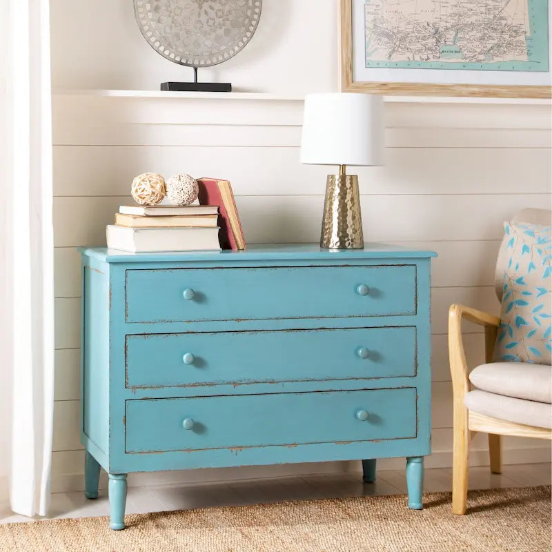 Commode de rangement bleue à 3 tiroirs, finition vieillie